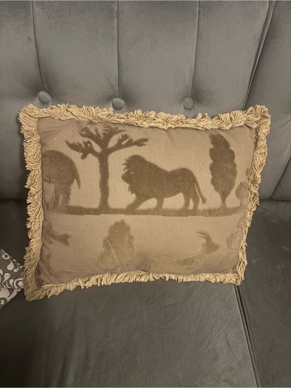 Newport Beige Lion Motif Fringe Accent Pillow